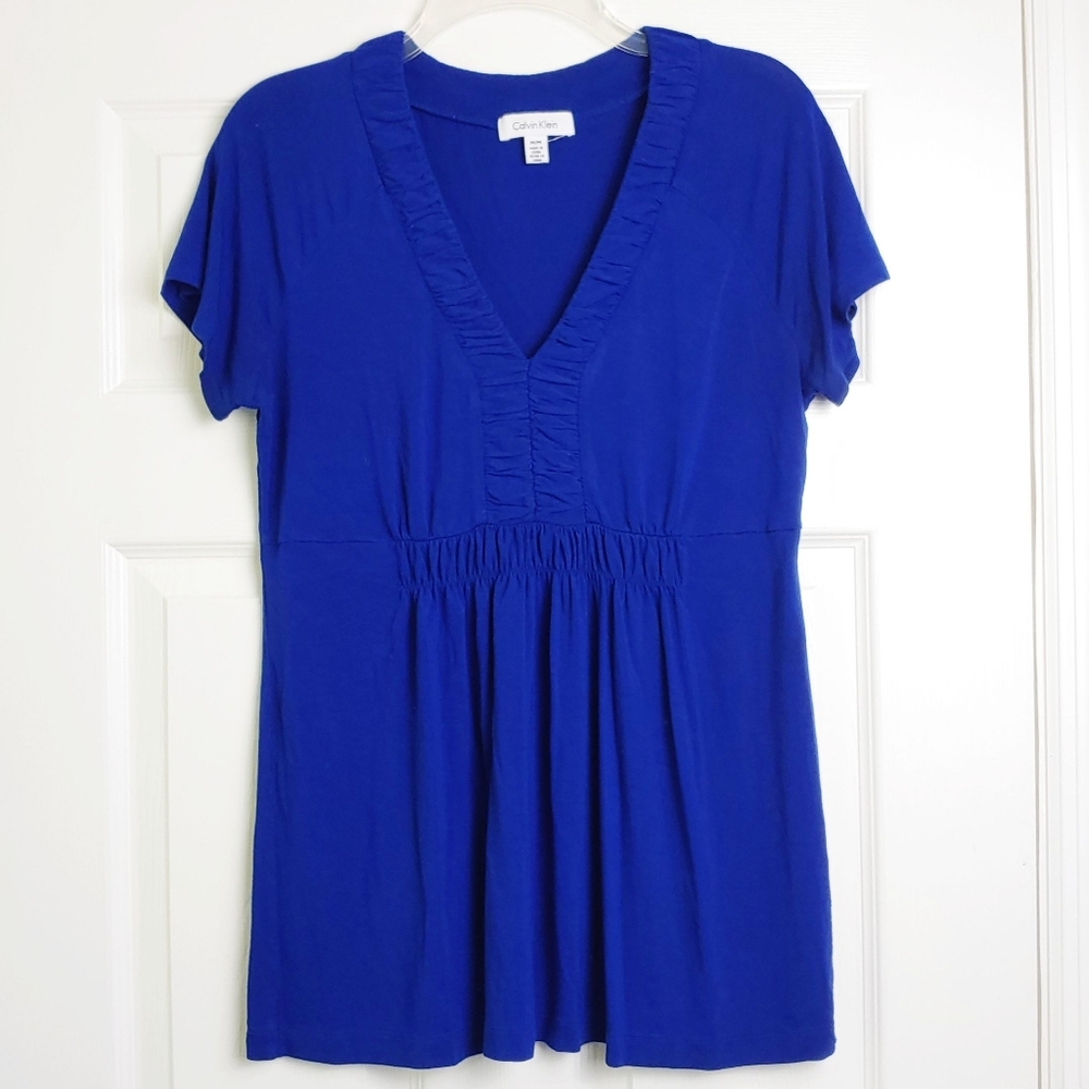 Calvin Klein v-neck gathered waist t-shirt blue M